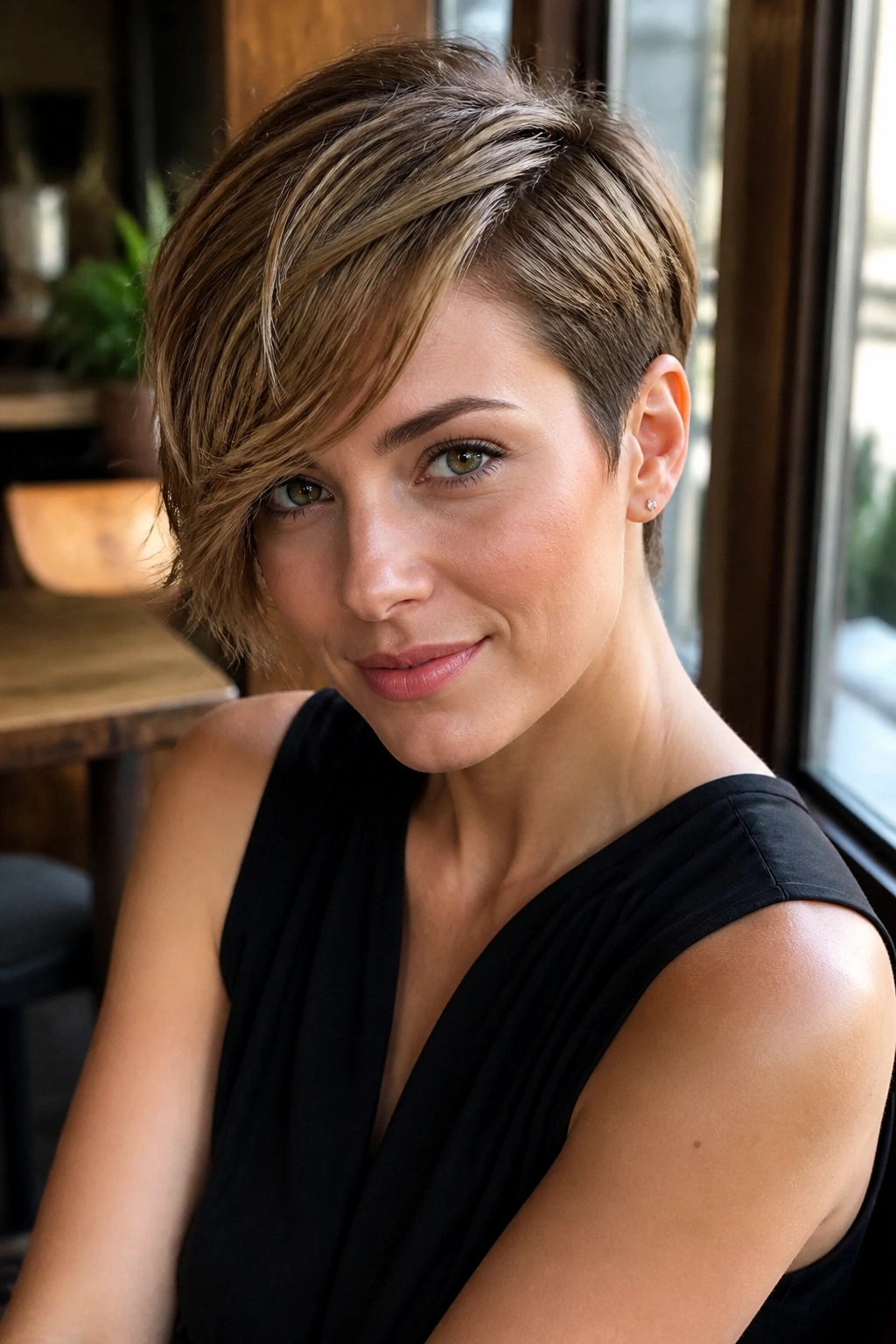 Side-swept pixie with long fringe on a real woman, fringe across eyebrow