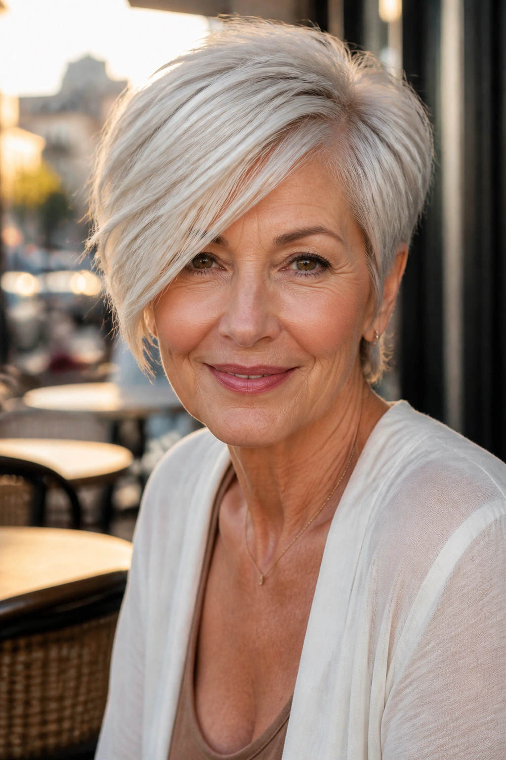 Close-up of a real woman's head and shoulders with a side-swept pixie and long fringe