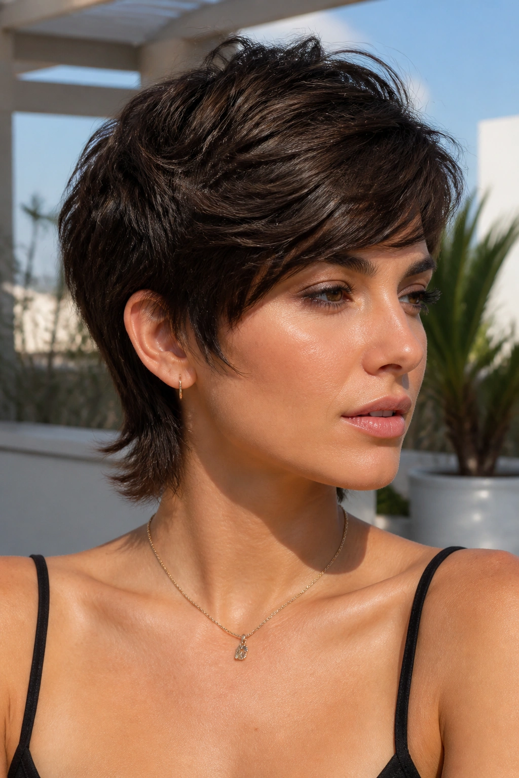 Close-up portrait of a real person with Side-Swept Pixie Mullet showing diagonal fringe across the forehead.