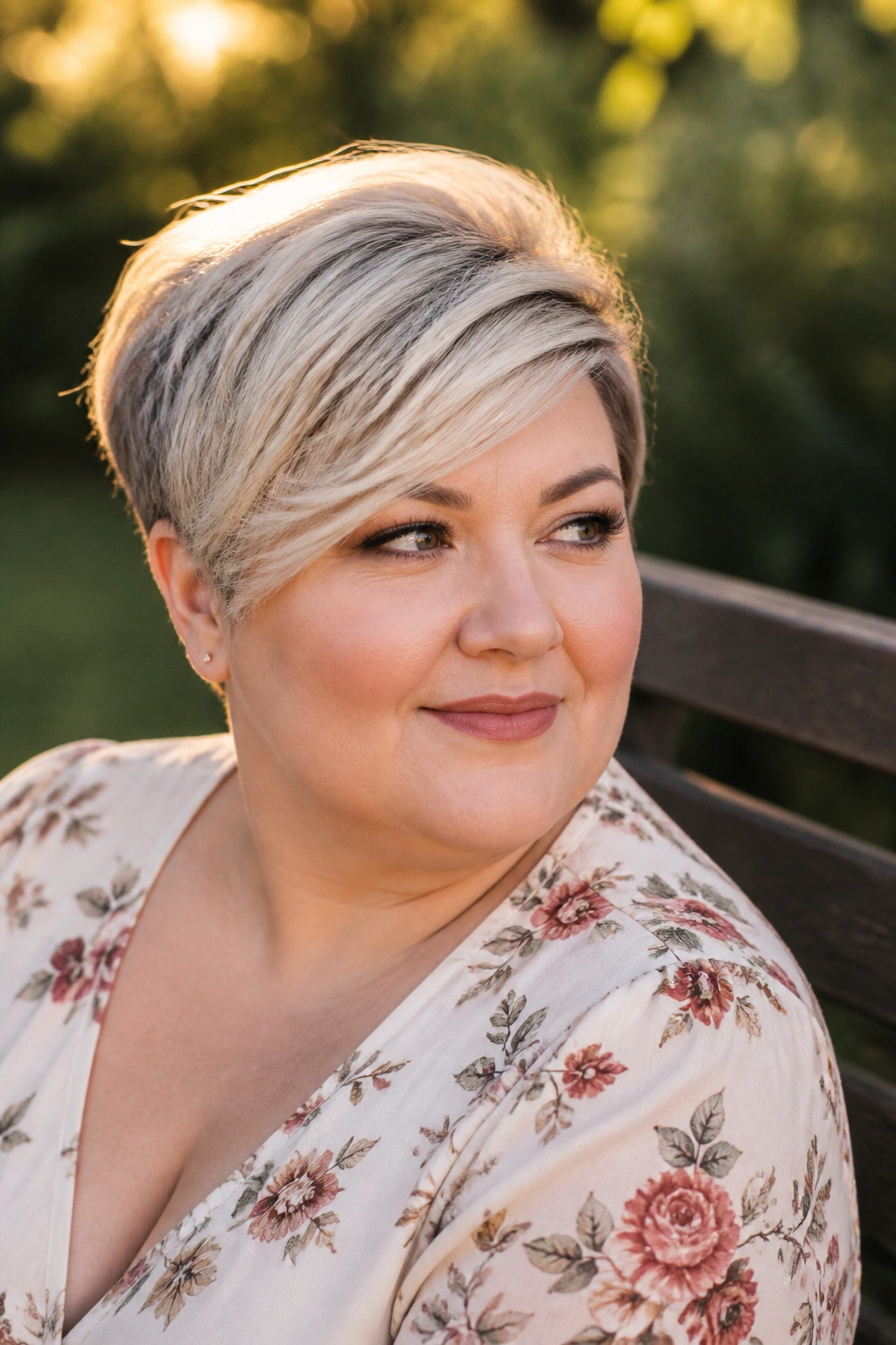 Close-up of a real woman with a side-swept pixie and fringe.