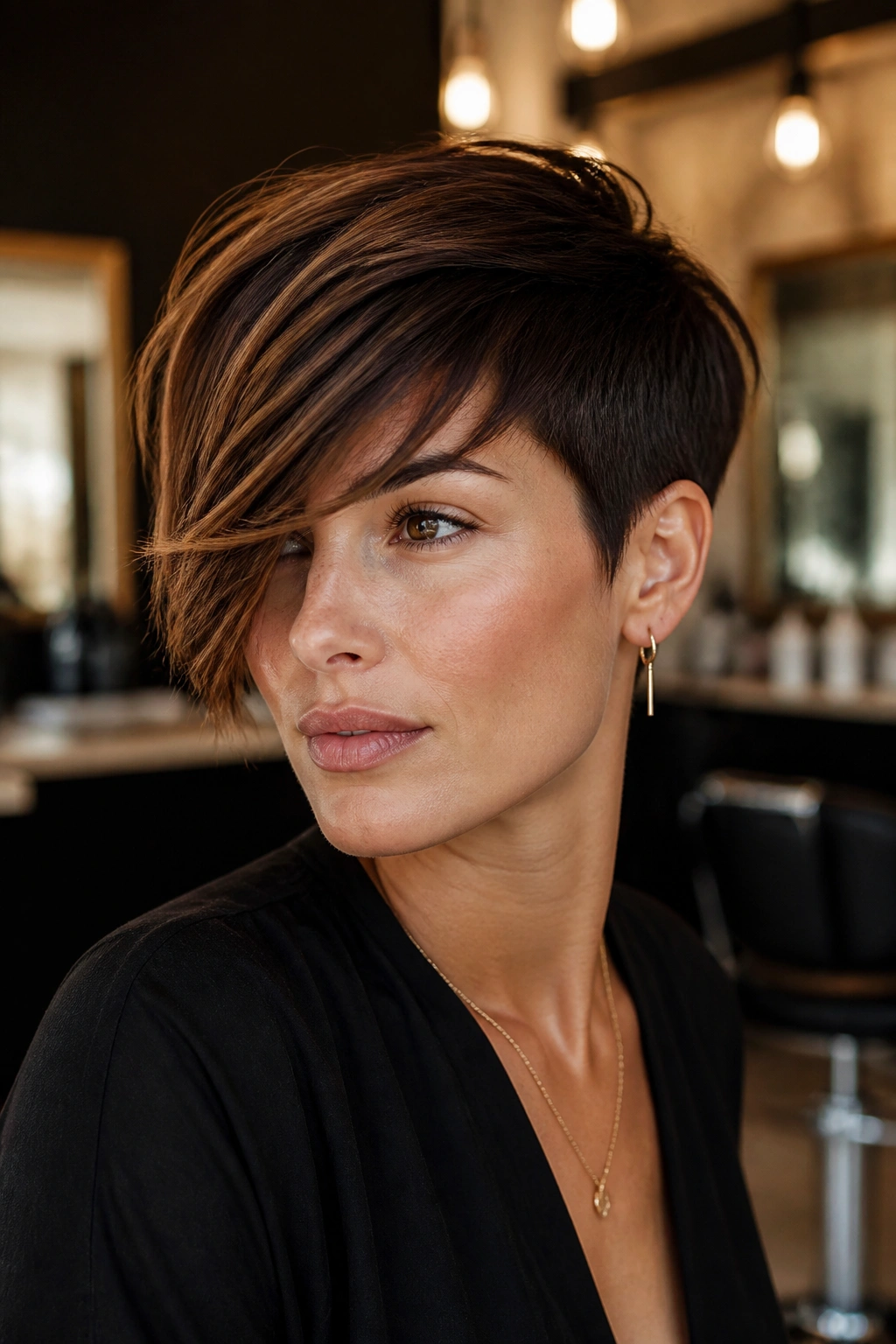 Close-up portrait of a real person with a side-swept fringe pixie