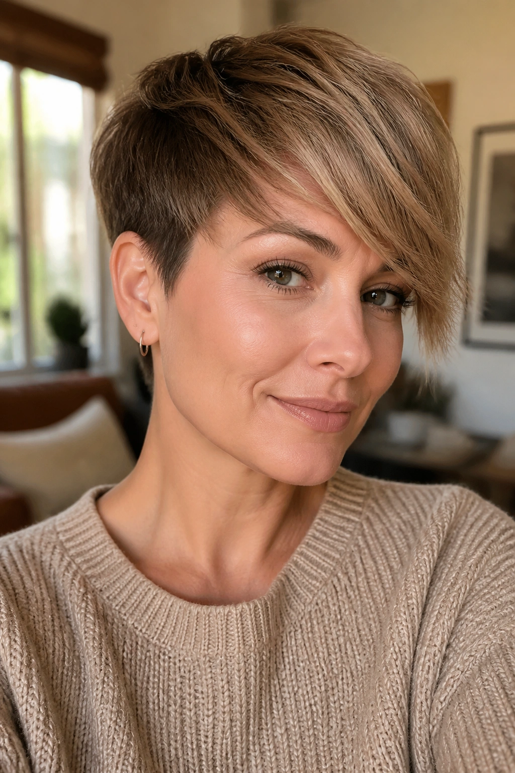 Close-up portrait of a real woman with a side-swept pixie