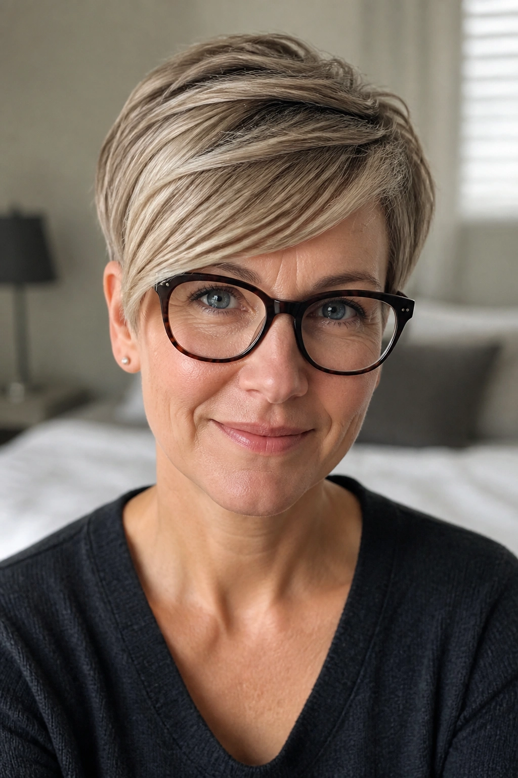 Close-up portrait of a real woman with a side-swept pixie fringe softening facial features