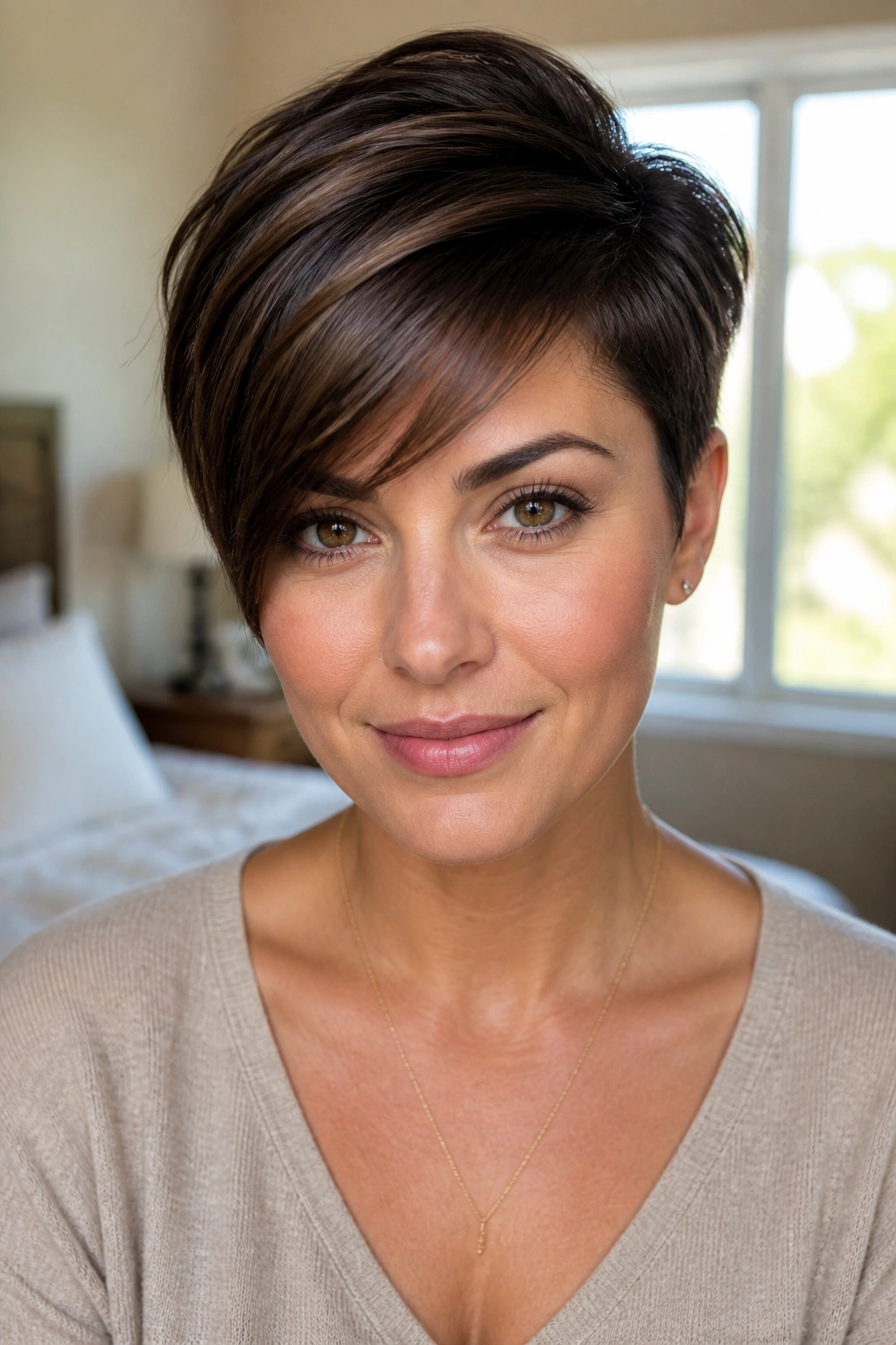 Close-up portrait of a woman with a side-swept pixie, diagonal fringe highlighting eyes and cheekbones.