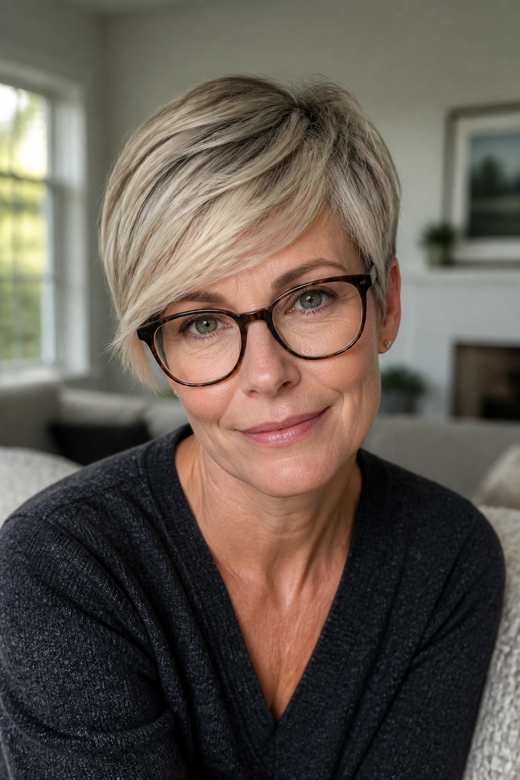 Close-up portrait of a real woman with a side-swept pixie and glasses in natural window light