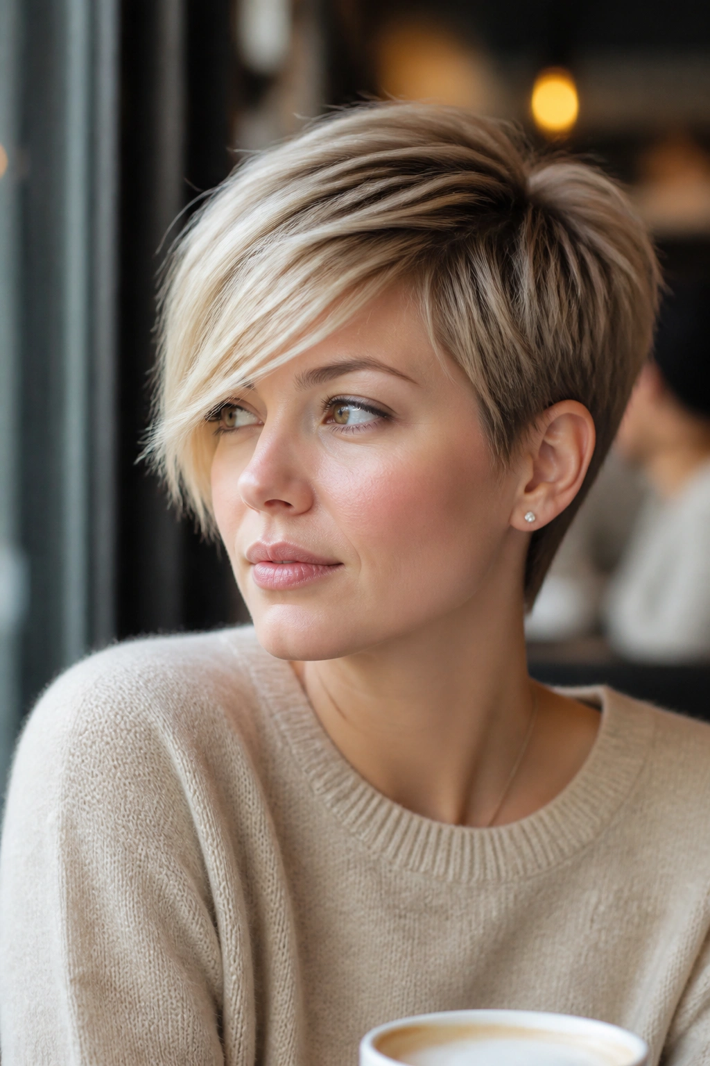 Portrait of a woman with a side-swept pixie haircut