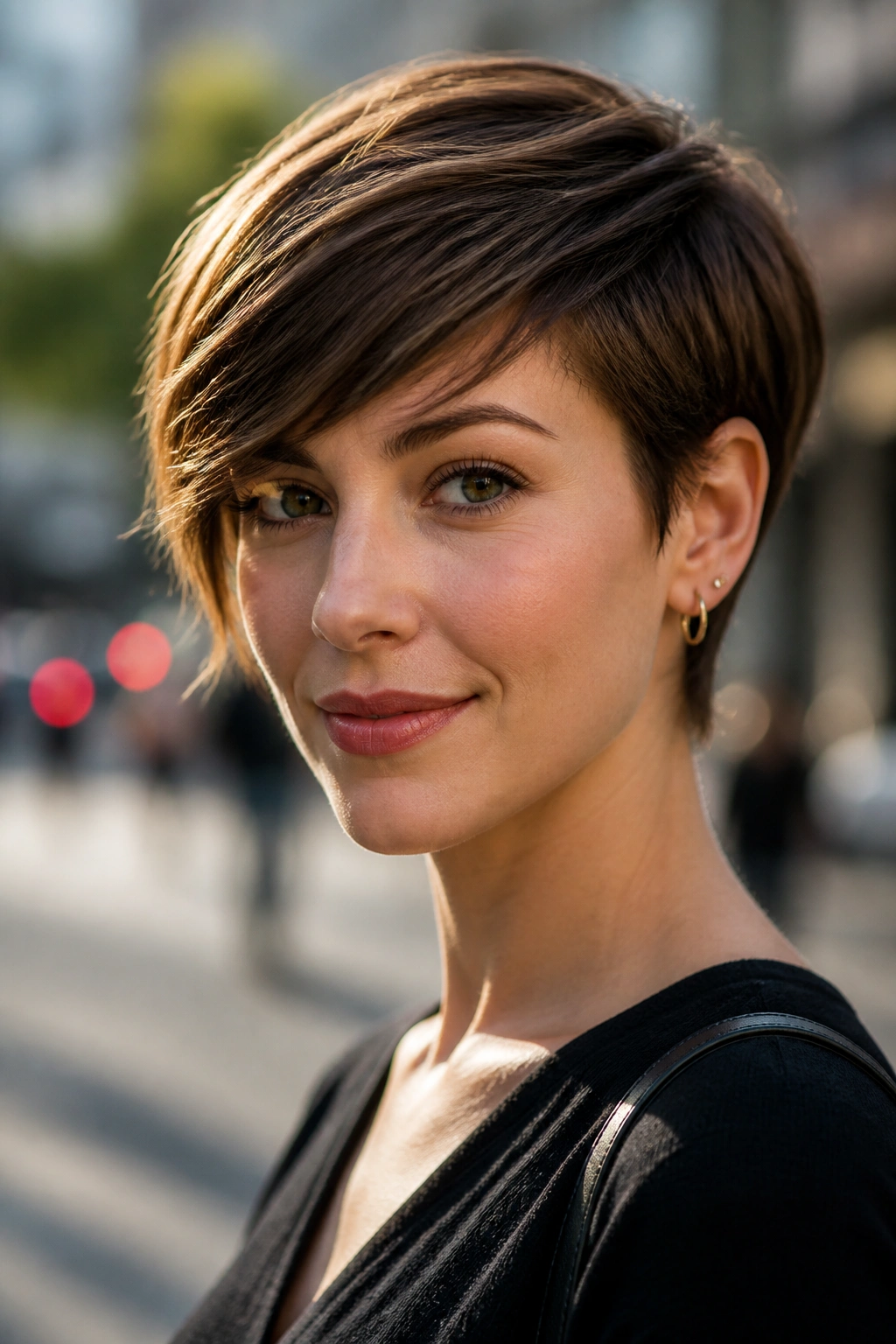 Real woman with side-swept pixie hairstyle and fringe across forehead
