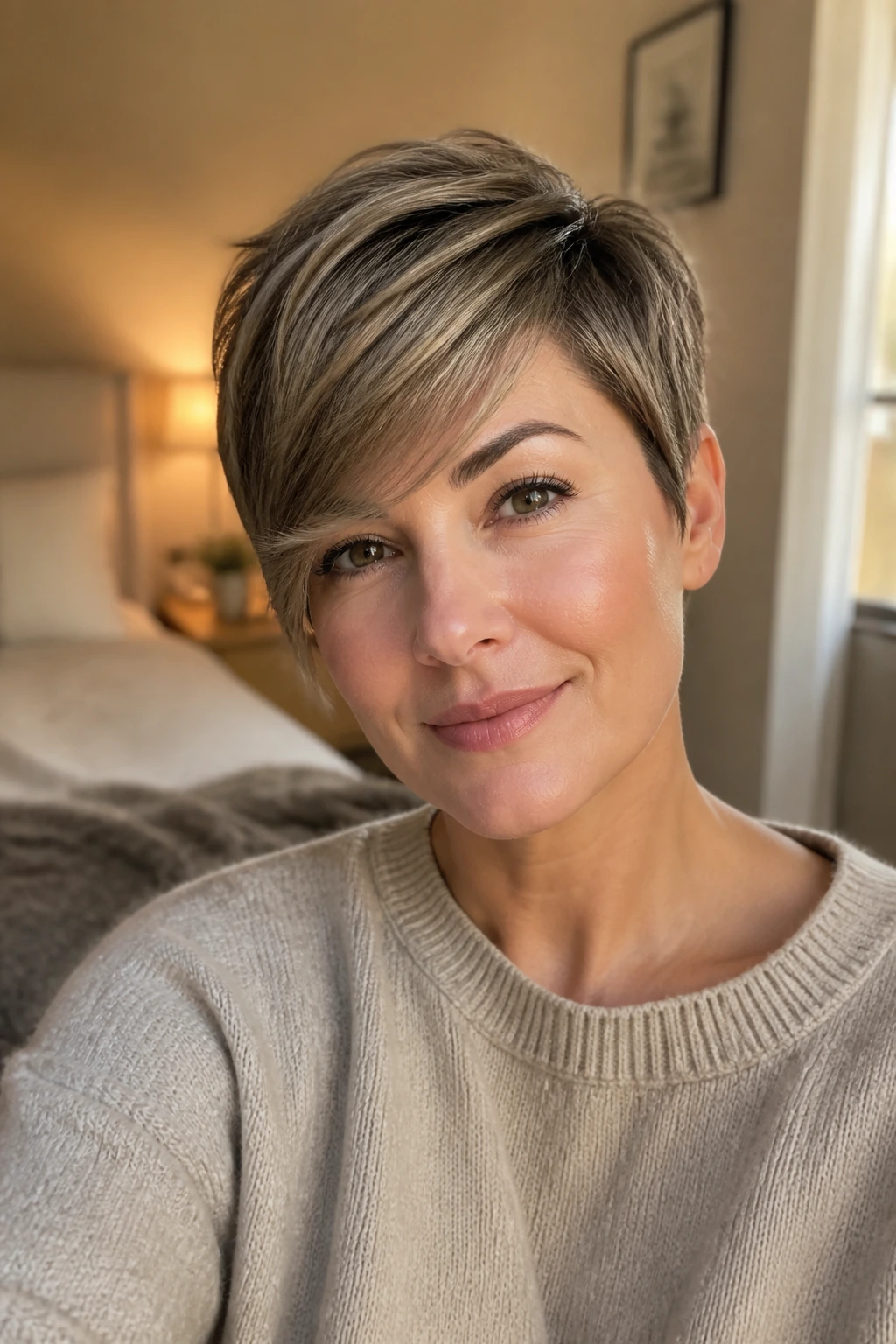 Close-up of a real person with a side-swept pixie hairstyle in warm window light
