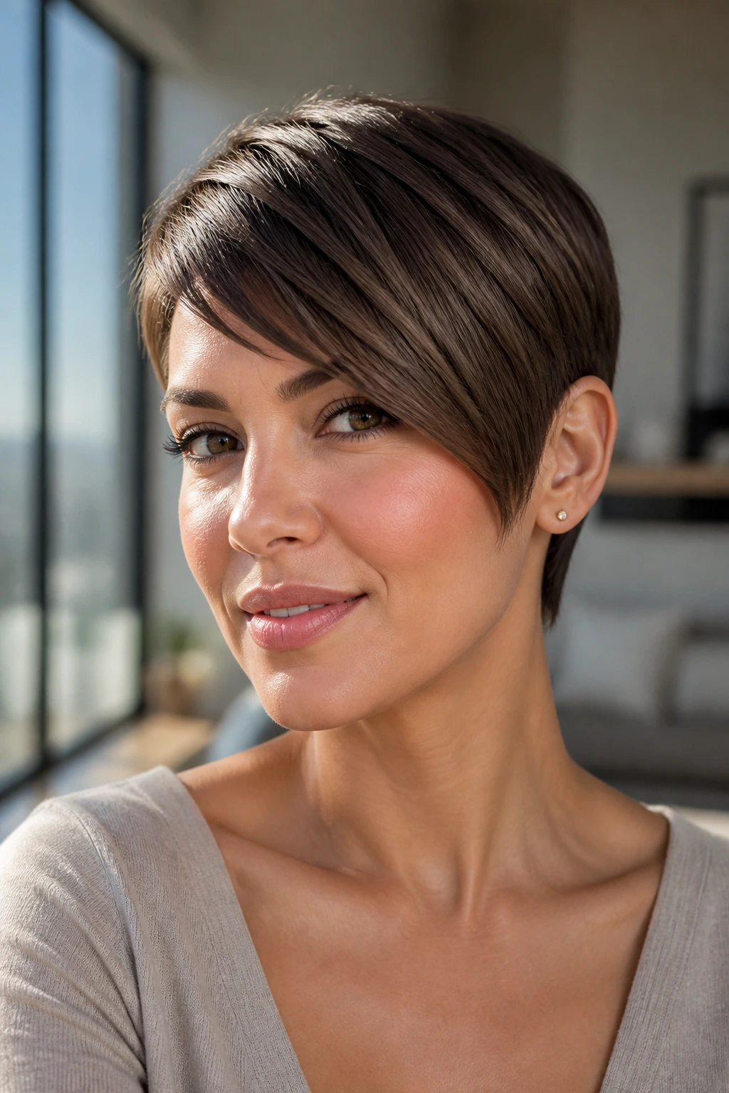 Close-up portrait of a woman with a slick side-swept pixie hairstyle
