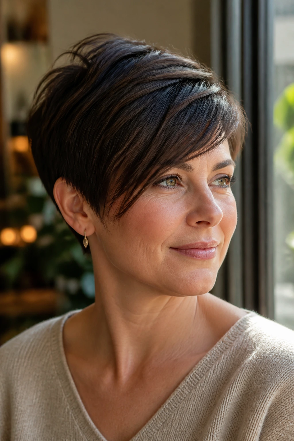 Close-up portrait of a person with side-swept pixie cut
