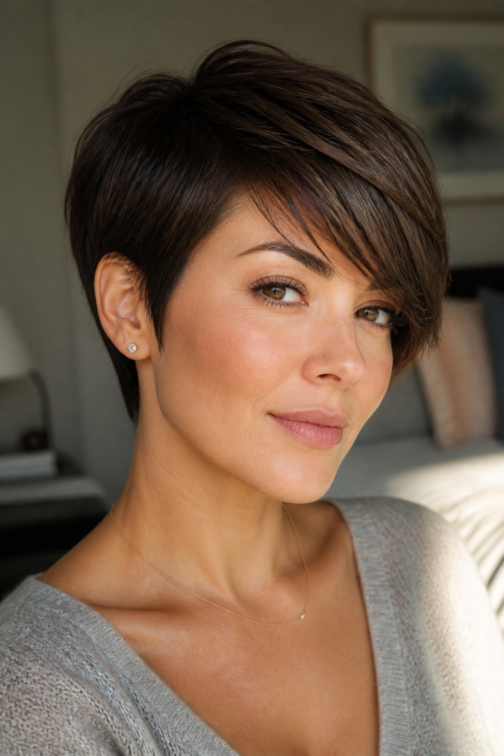 Close-up portrait of a real woman with side-swept pixie on a round face