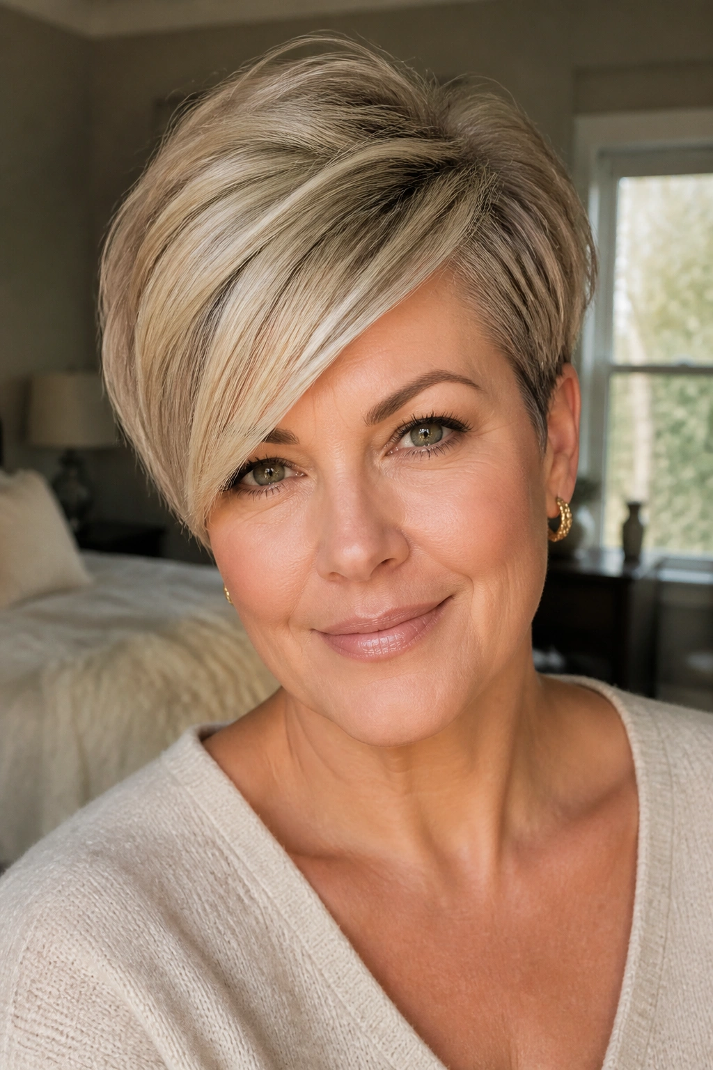 Close-up of a woman over 50 with a side-swept pixie and diagonal fringe in warm window light