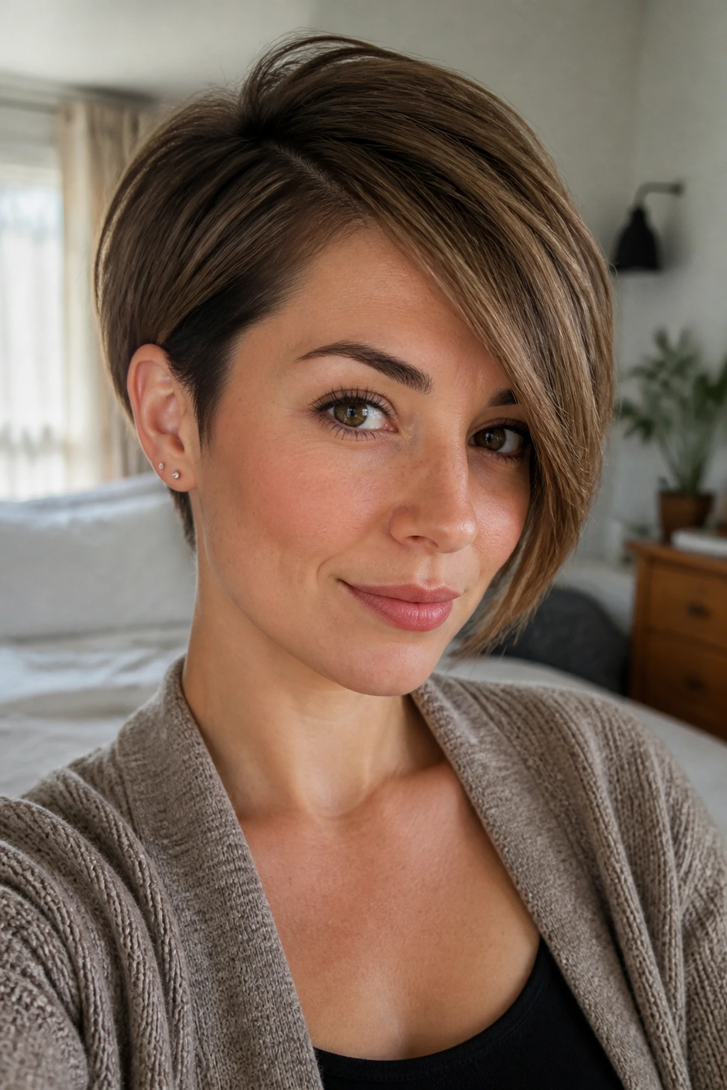 Side-swept pixie cut on a real woman with diagonal fringe across the face