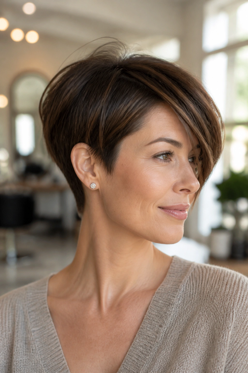 Real woman with side-swept long pixie and tapered nape in bright setting