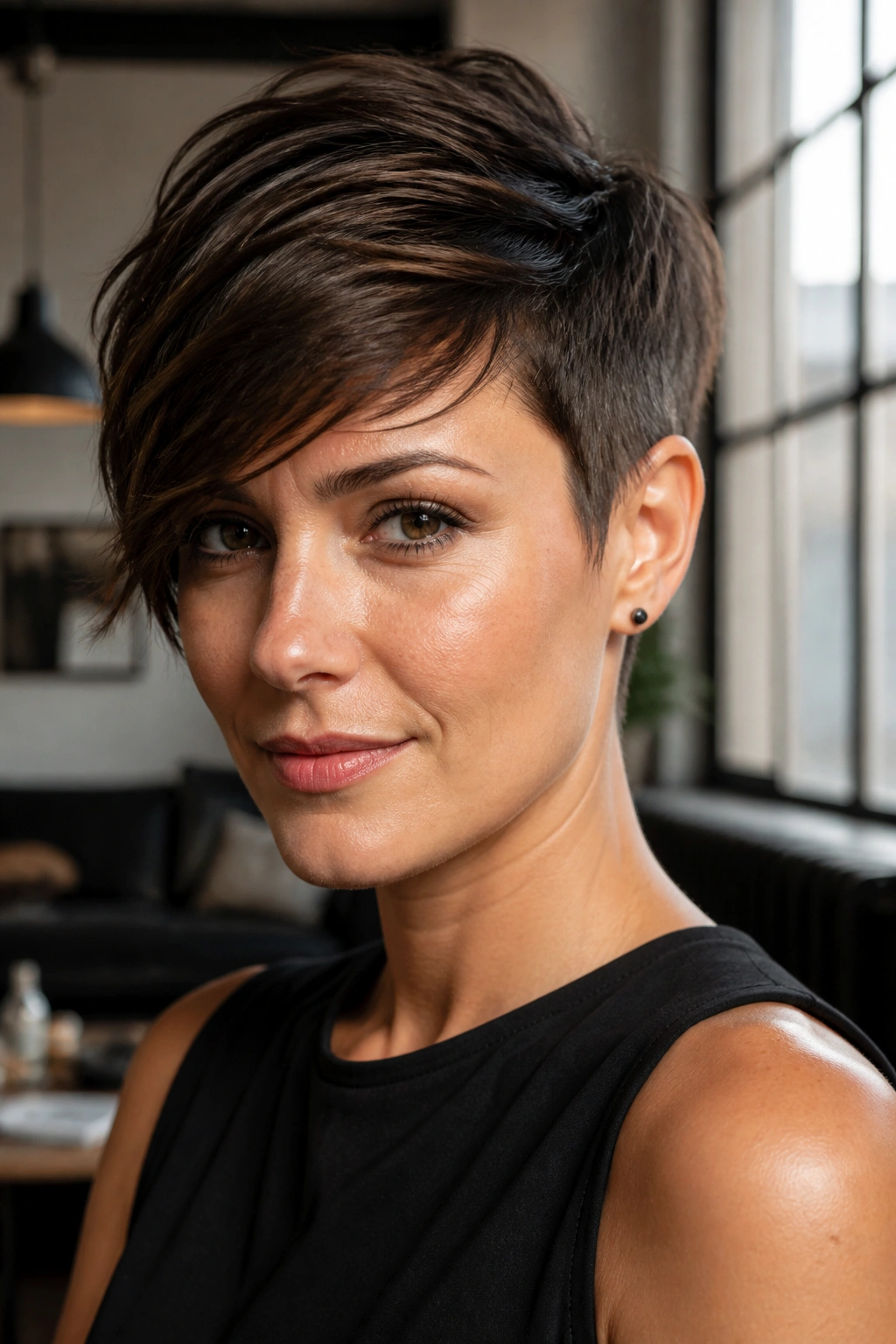 Portrait of a woman with a side-swept pixie and tapered sides