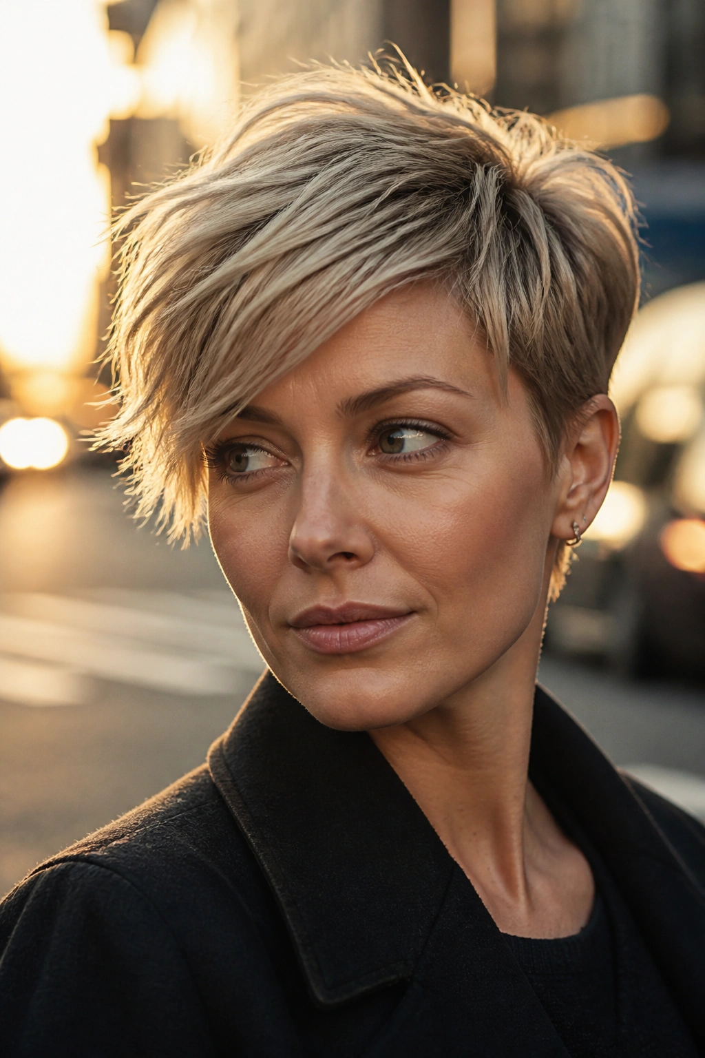 Real woman with a piecey side-swept pixie, highlighted by warm golden hour light on a city street