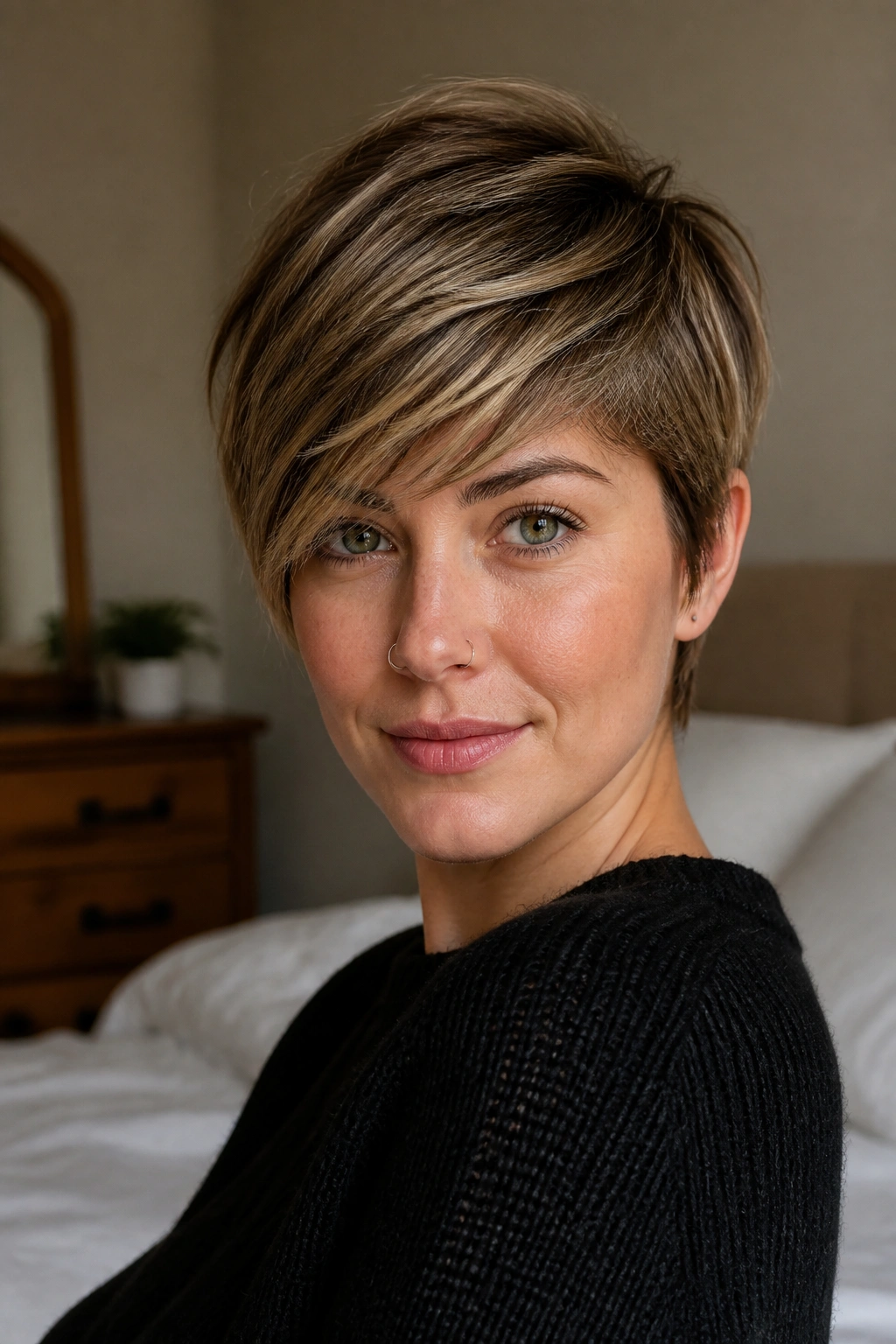 Close-up of a real woman with side-swept long pixie layers and soft fringe in warm window light