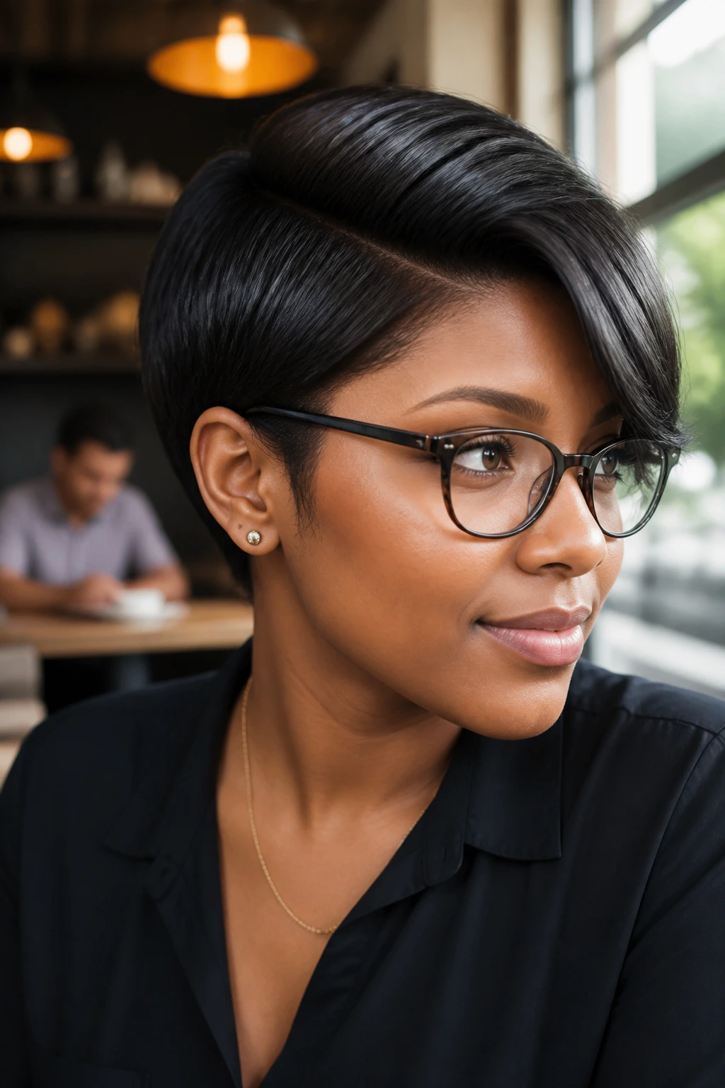 Close-up of a real Black woman with a side-swept pixie tucked behind the ear.