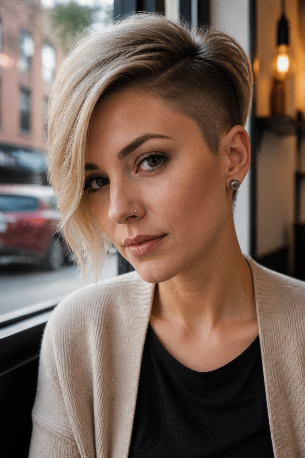 Close-up portrait of a real woman with a side-swept pixie and undercut hairstyle.