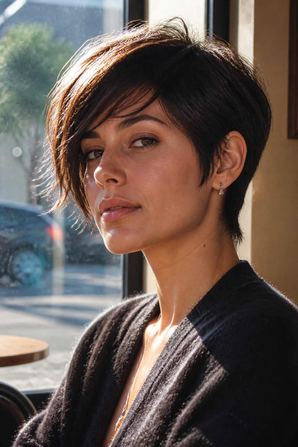 Real person with side-swept pixie wolf haircut, close-up under natural cafe window light