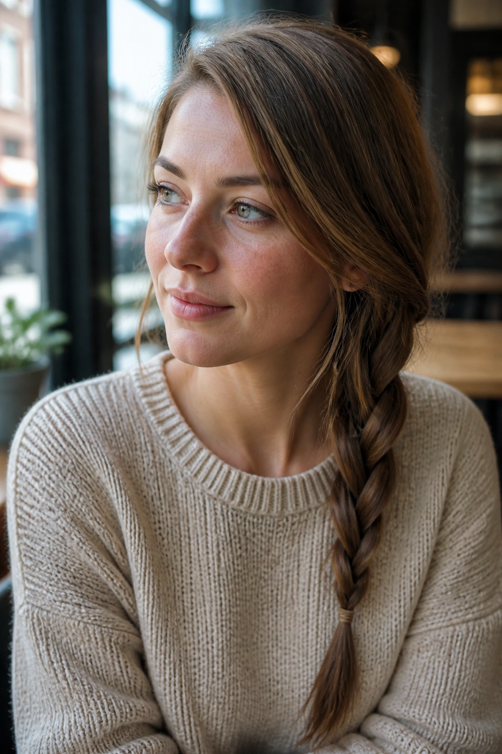Close-up of a real woman wearing a side-swept plait over one shoulder