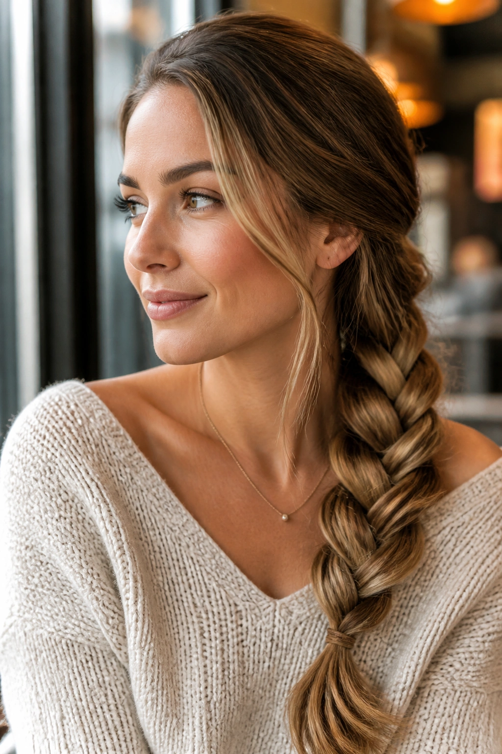 Portrait of a real woman wearing a side-swept plait over the shoulder
