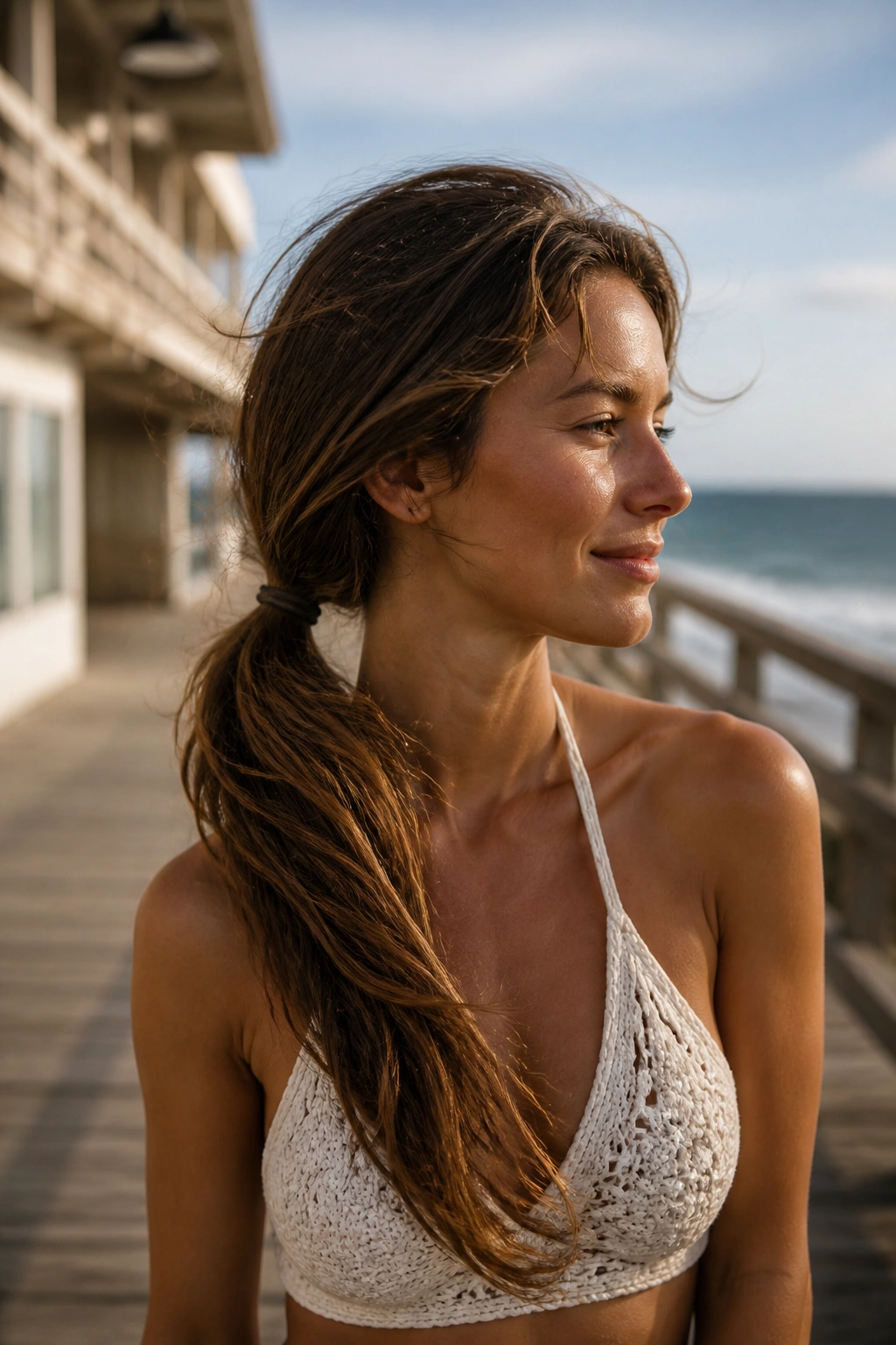 Side-profile of a real woman with a side-swept ponytail on a windy beach stroll