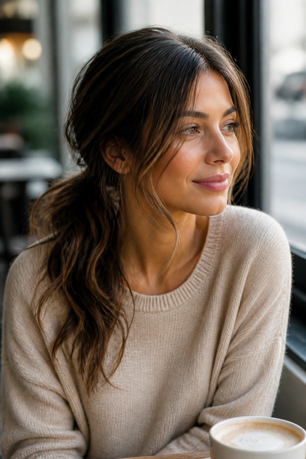 Portrait of a real woman with a side-swept loose ponytail in natural light
