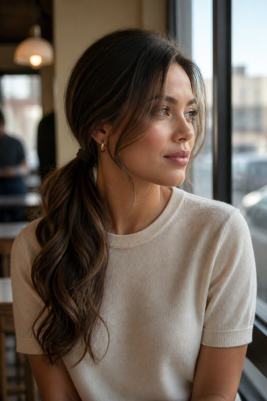 3/4 profile of a real woman with a side-swept ponytail over one shoulder