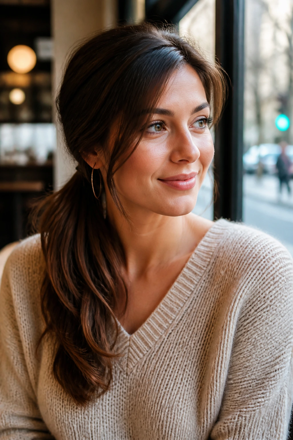 Close-up of a real woman with a side-swept ponytail over one shoulder