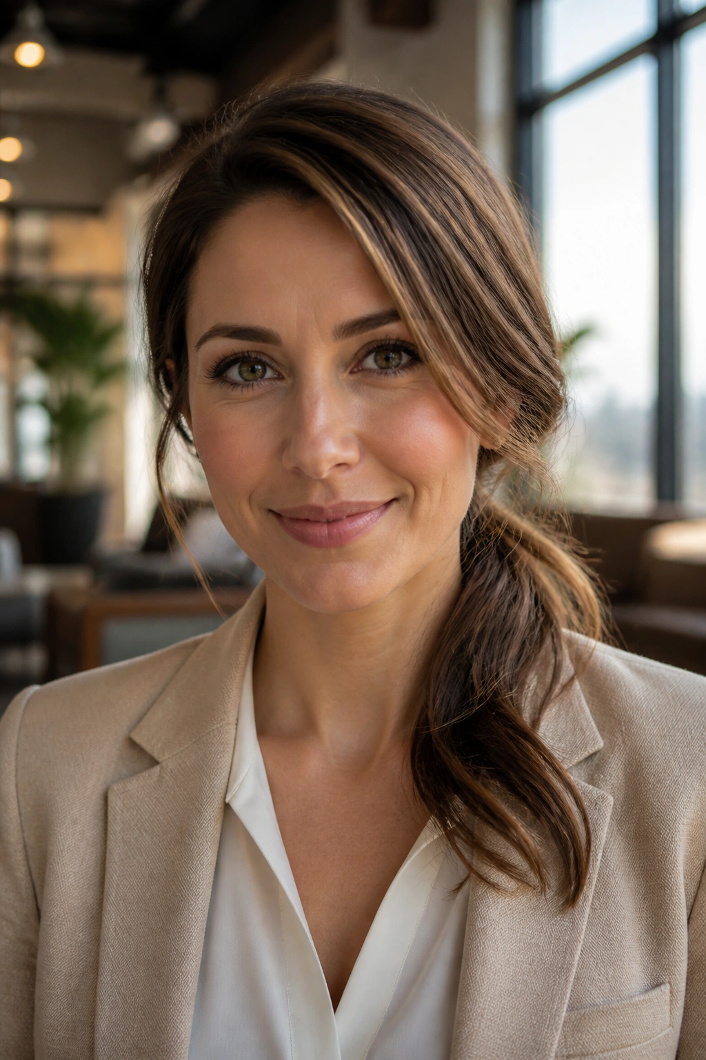 Close-up of a real woman with a soft side-swept low ponytail in a sunny office