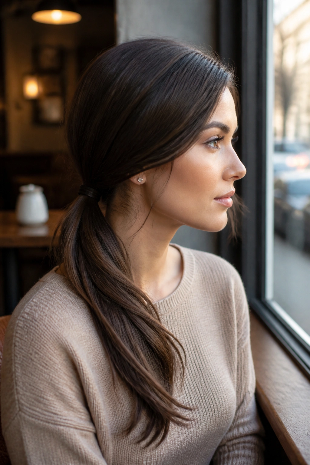 Profile portrait of a real woman with a side-swept low ponytail.