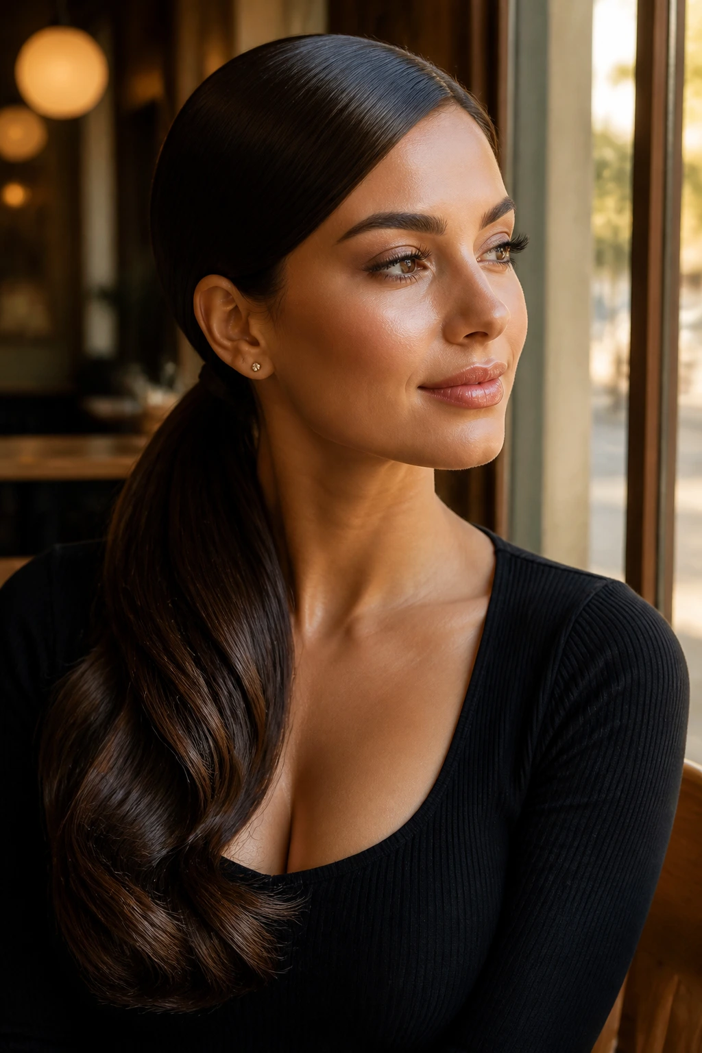 Close-up of a woman with a side-swept sleek ponytail over one shoulder