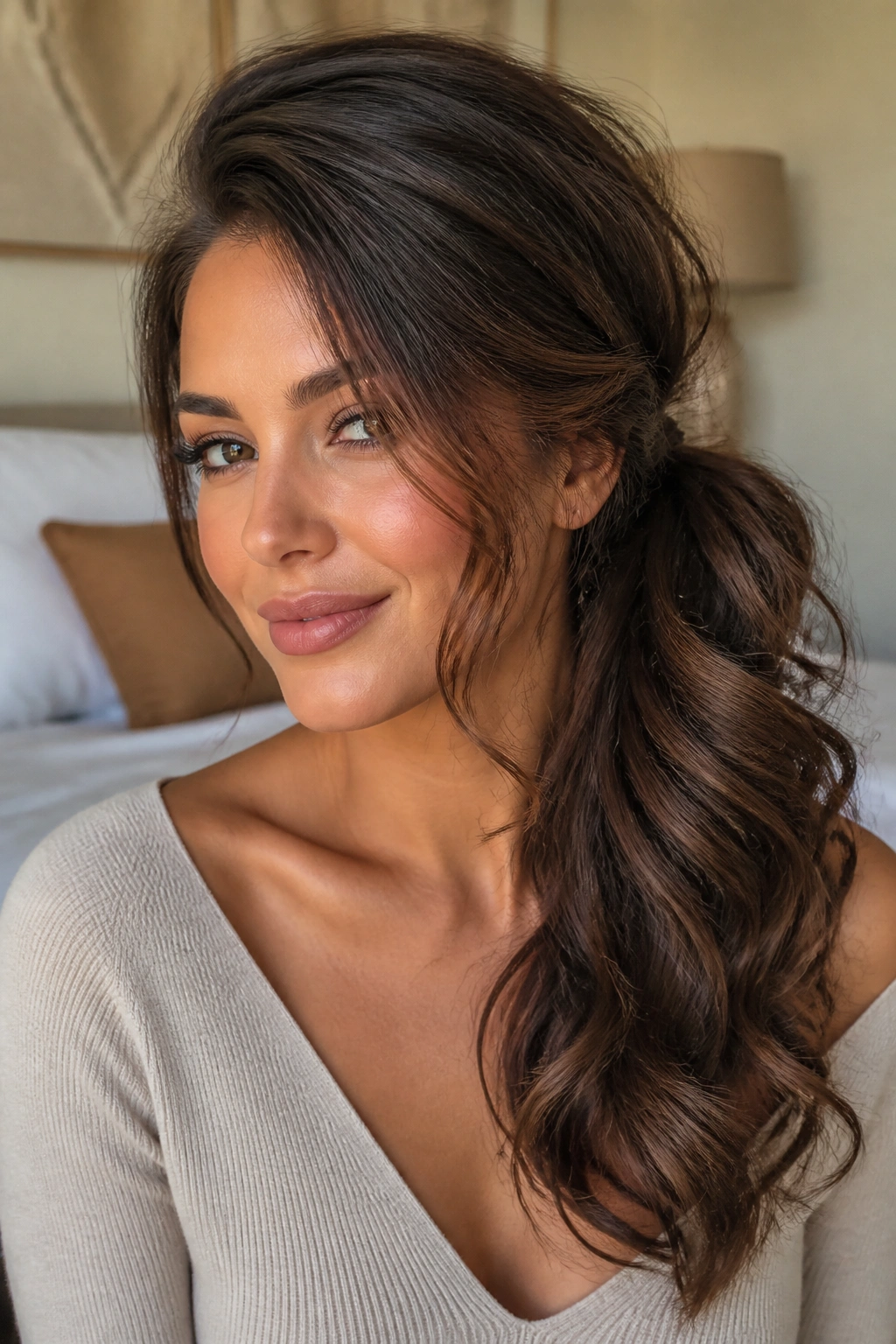 Close-up of a real woman with a voluminous side swept ponytail