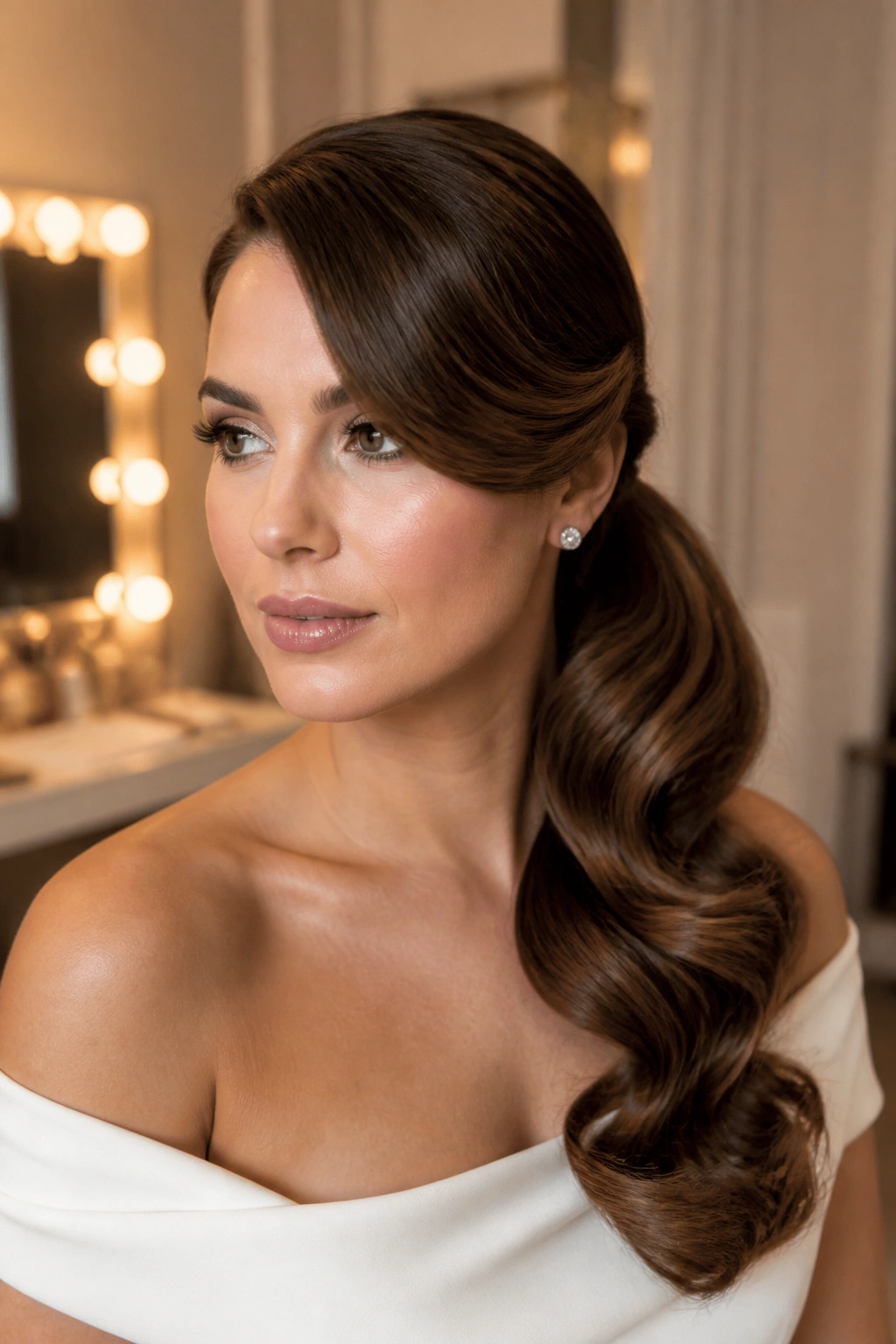 Close-up portrait of a real woman with a side-swept ponytail and soft Old-Hollywood waves