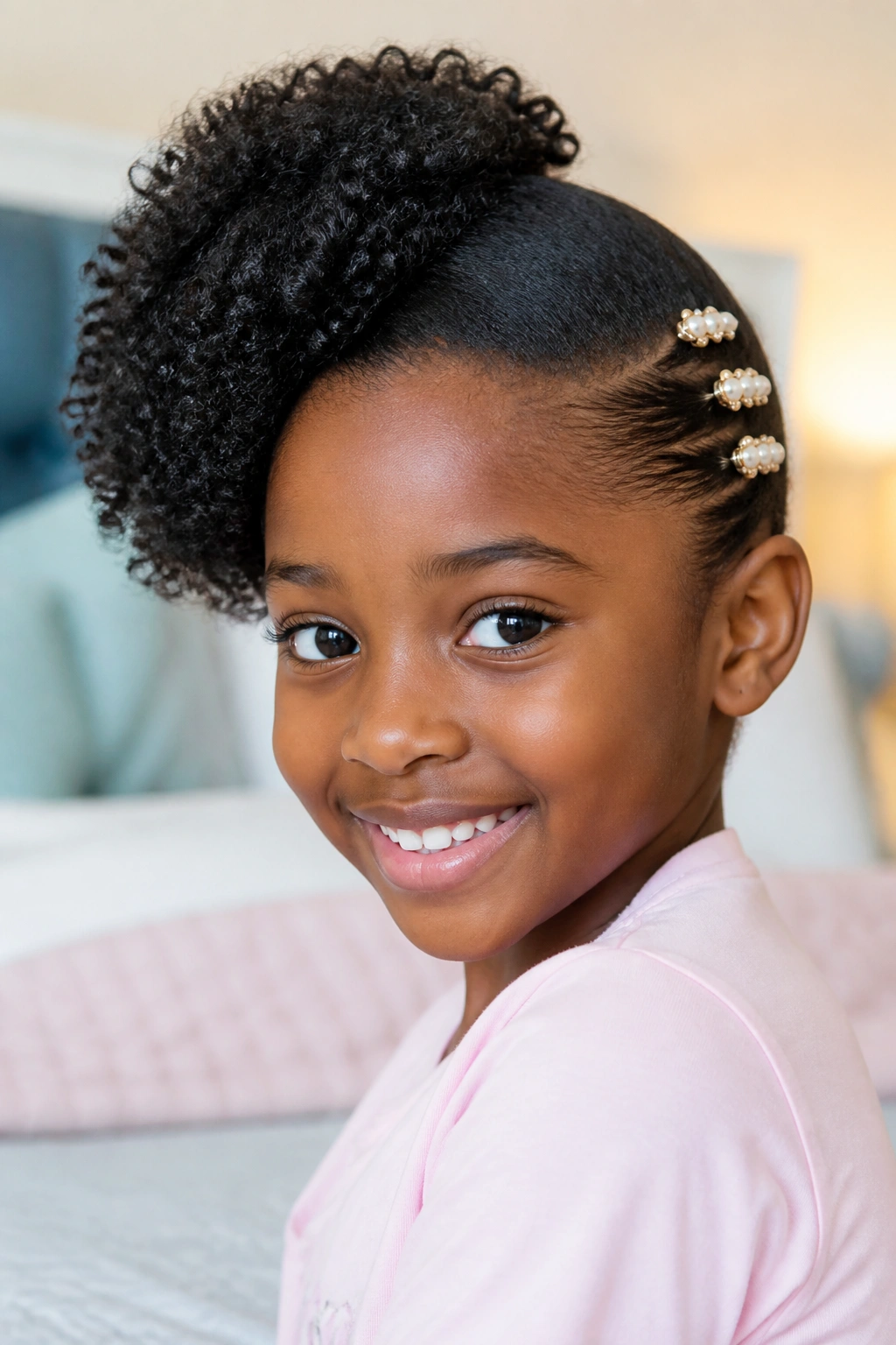 Close-up of a child with a side-swept puff and small decorative clips