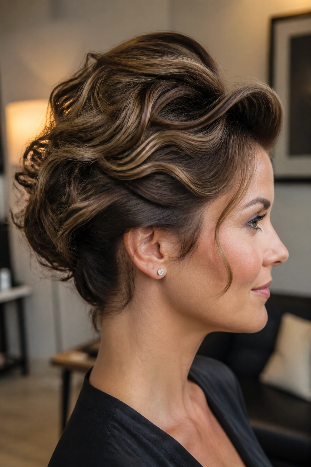 Side-profile close-up of a real woman with a height-boosting side-swept roll at the temple