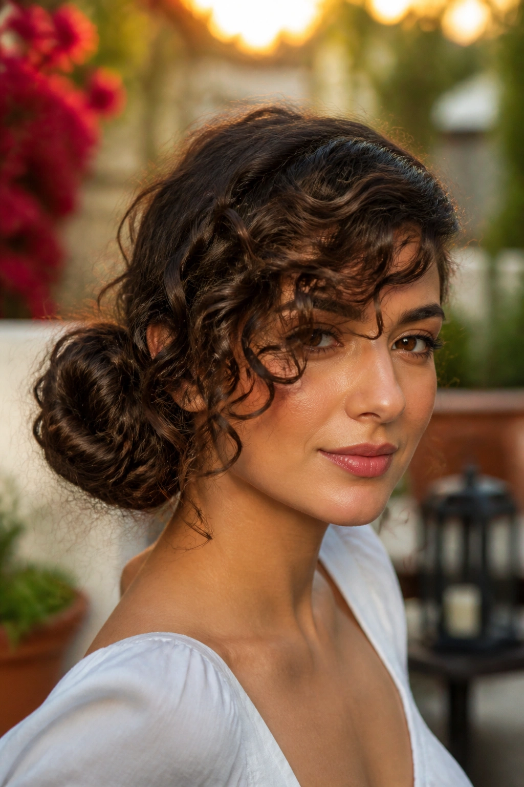 Close-up portrait of a real woman with a side-swept rolled bun and long curly bangs.