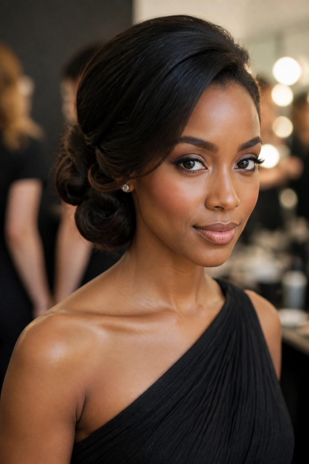 Close-up of a woman with a side-swept rolled updo