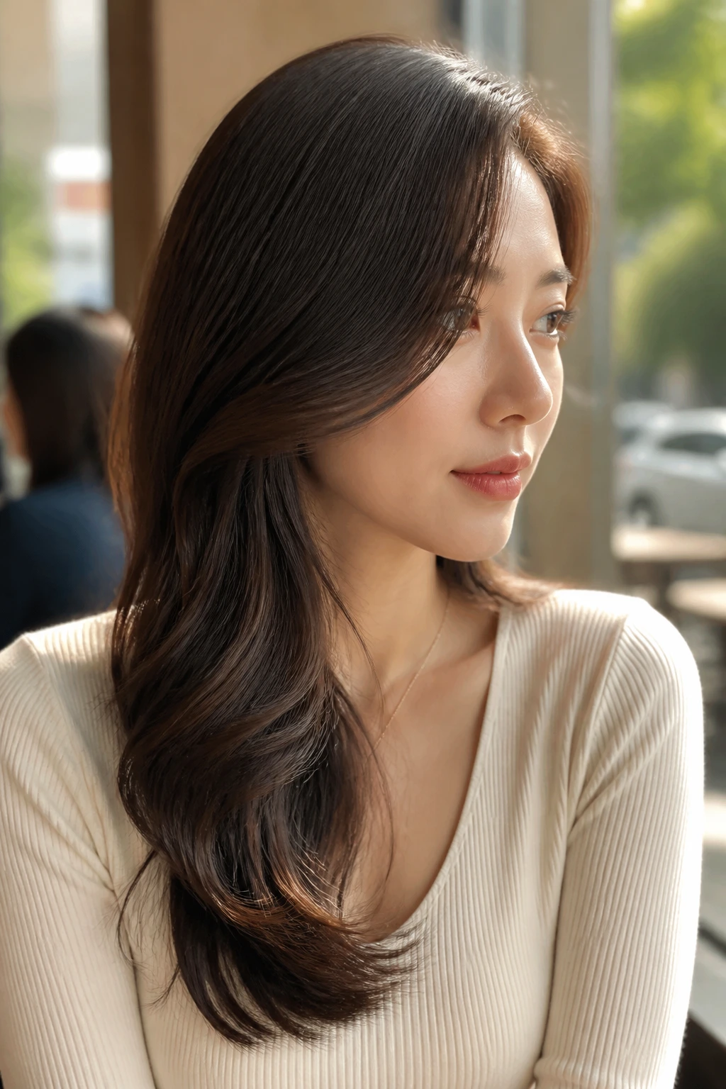 Portrait of a real woman with side-swept S-wave hairstyle by cafe window