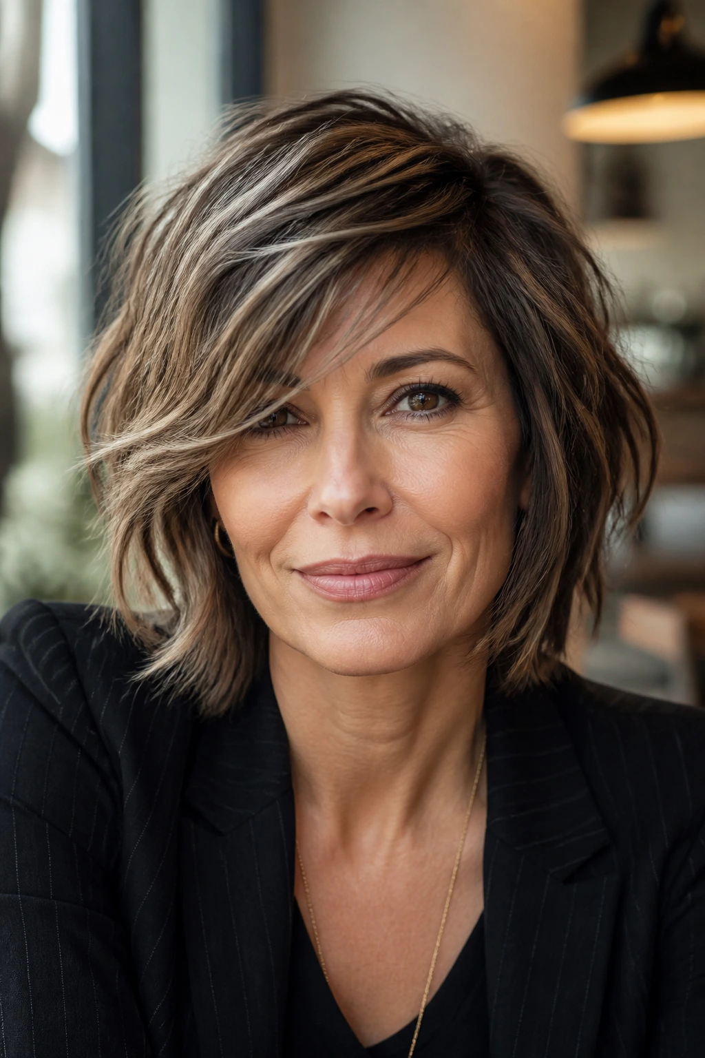Portrait of a woman with side-swept shag in a chic setting