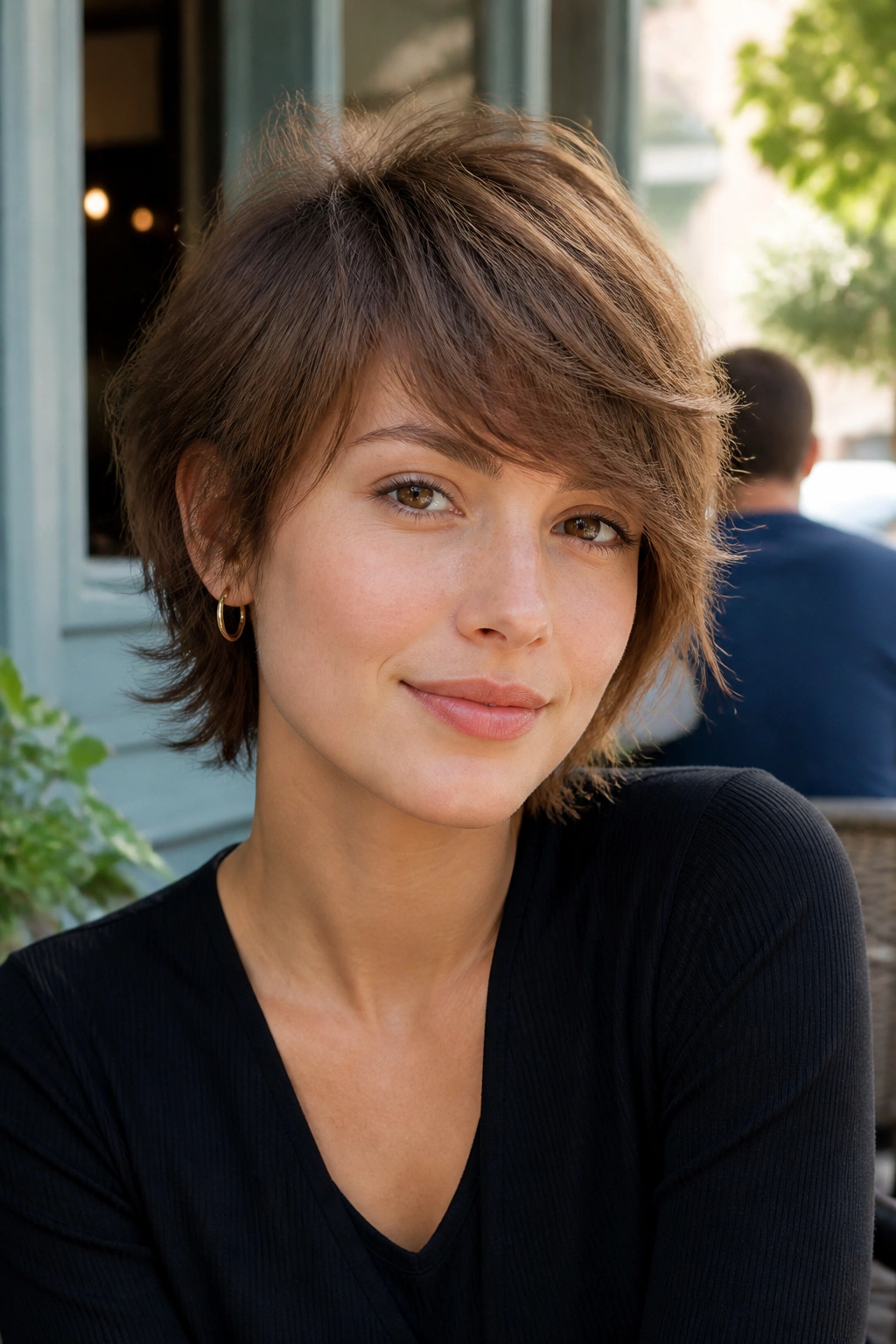 Portrait of a real person with a side-swept shag hairstyle