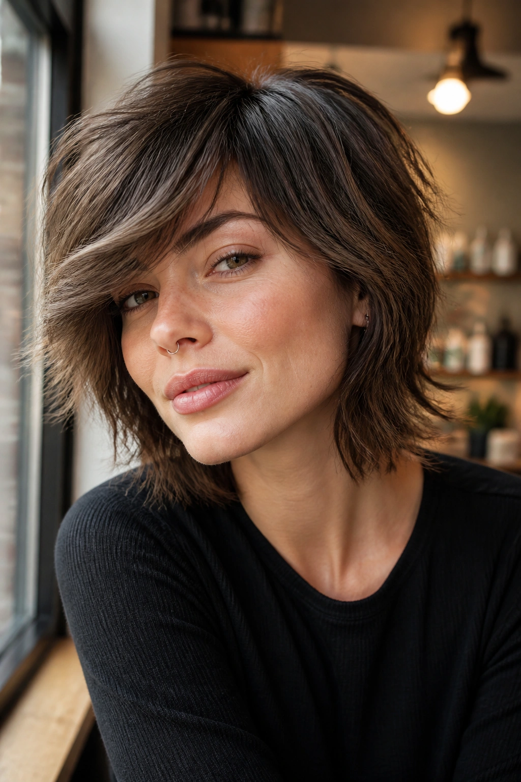 Real person with side-swept bangs and shaggy wolf bob in a cozy setting