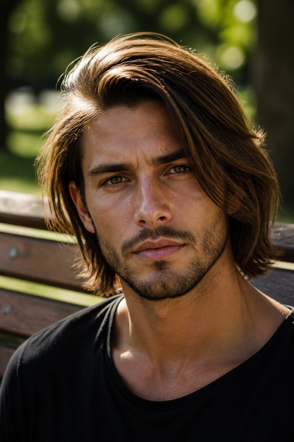 Close-up portrait of a man with side-swept hair on a sunny bench