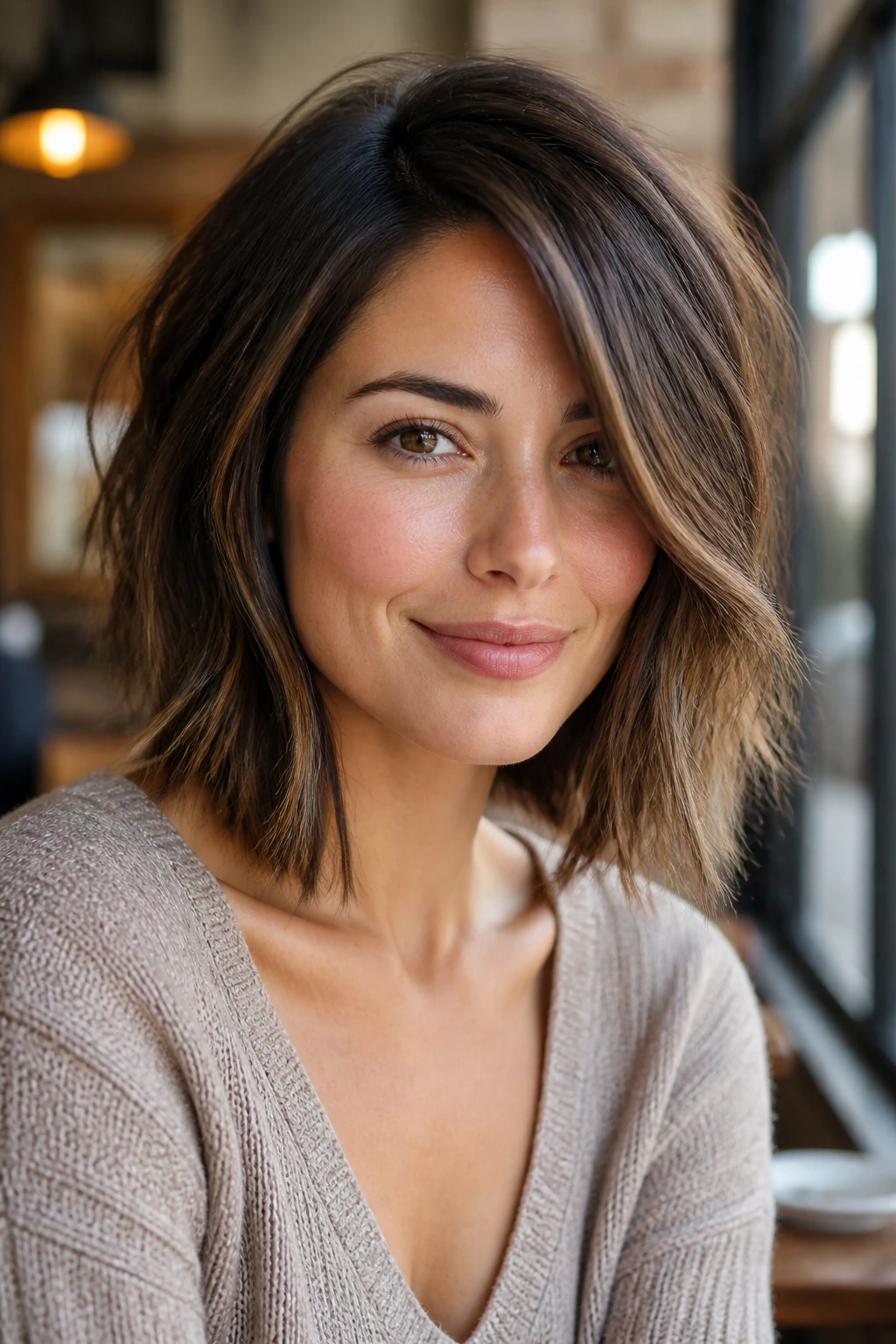 Close-up of real woman with side-swept textured lob in natural daylight