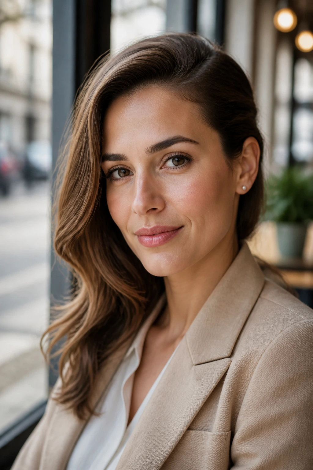 Close-up of a real woman with hair tucked behind the ear in a side-swept style