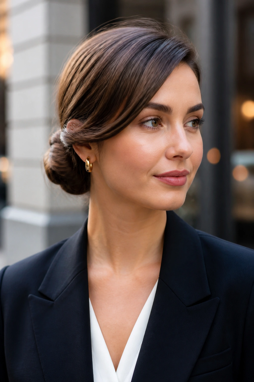 Portrait of a woman with a side-swept tucked bun