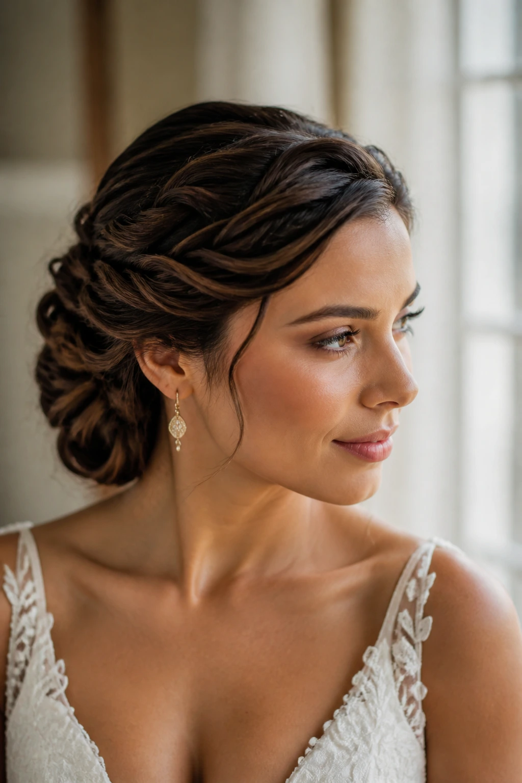 Close-up of a real woman with a romantic side-swept twist.