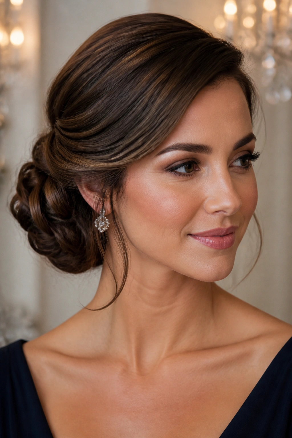 Close-up of a real woman with a side-swept twist bun behind the ear
