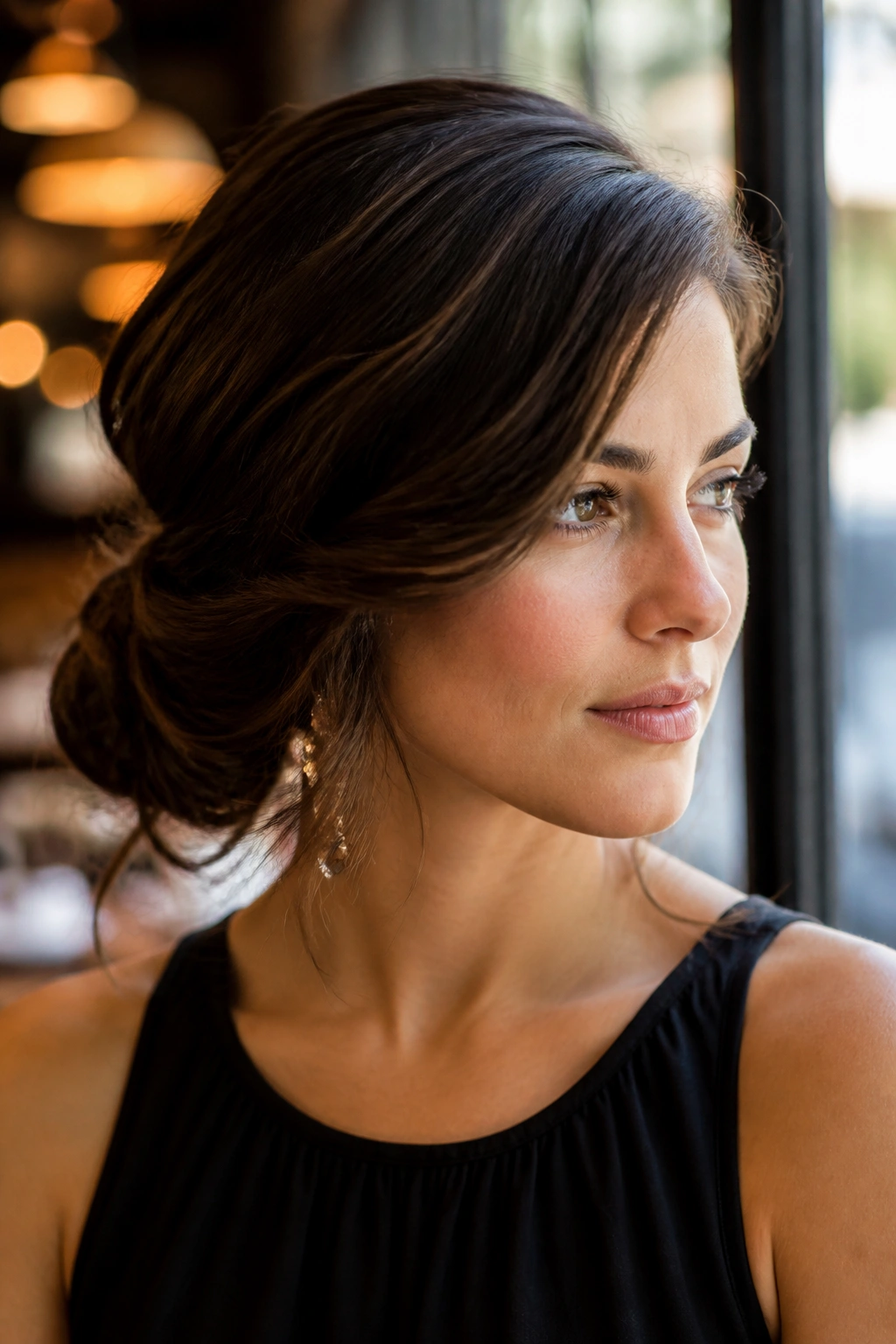 Close-up of a woman with a side-swept low twist bun and loose front strand in cozy cafe lighting.